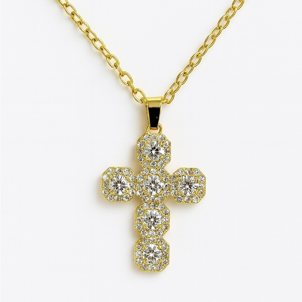 Zara Gold Cross Pendant Necklace with Clear Crystal Accents